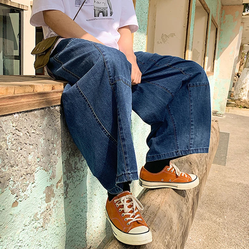 Jeans Ankle-Length  Nouveau cordon de serrage taille élastique Jambe large Homme Ample Doux Jean Hip Hop Streetwear
