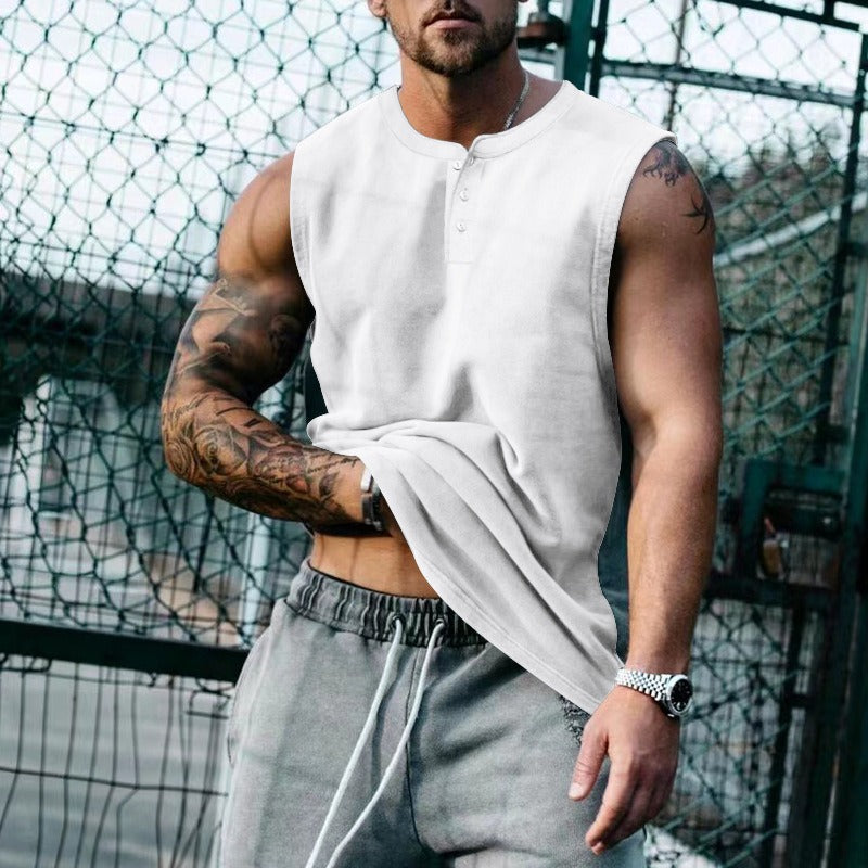 Débardeur de basket-ball de sport d'été pour homme, col rond, boutonné, sans manches, T-shirt pour homme, coupe droite