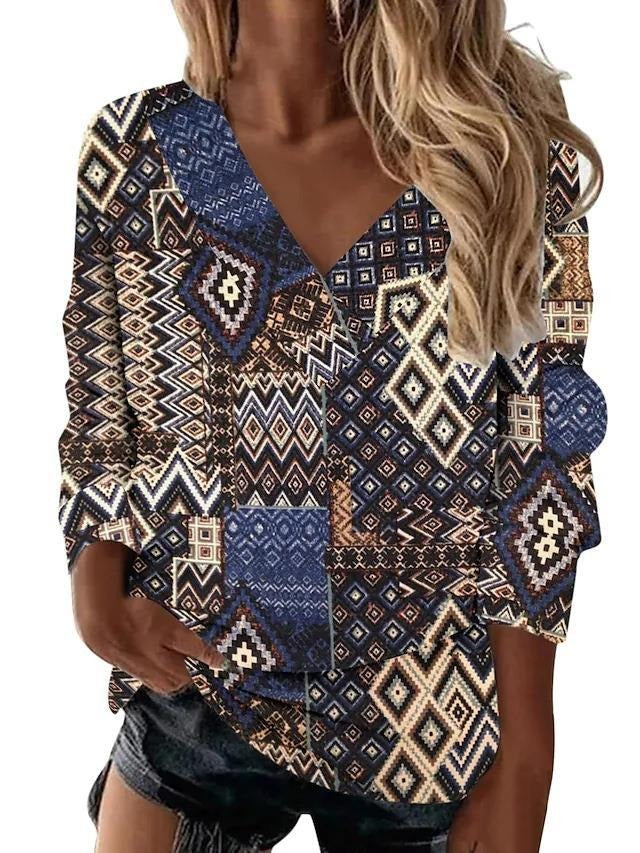 European and American Womens Retro Geometric Printing Ethnic Style V Neck Long Sleeved Loose T Shirt Top For Women