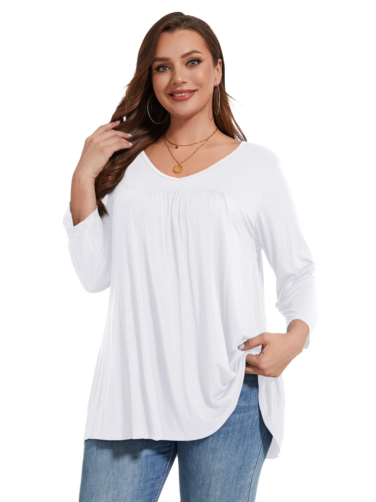 LARACE Womens 3/4 Sleeve Shirts Plus Size Tunic Tops Loose V-Neck Pleated T-Shirts for Leggings(1XWhite)