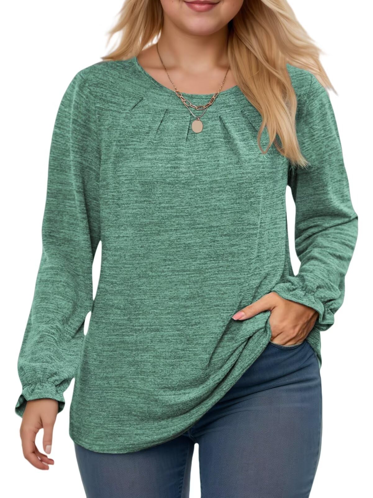 Plus Size : DOLNINE Plus Size Tops for Women Crew Neck Loose Fit Sweatshirts Ruffle Long Sleeve Blouse Shirts 2X Green