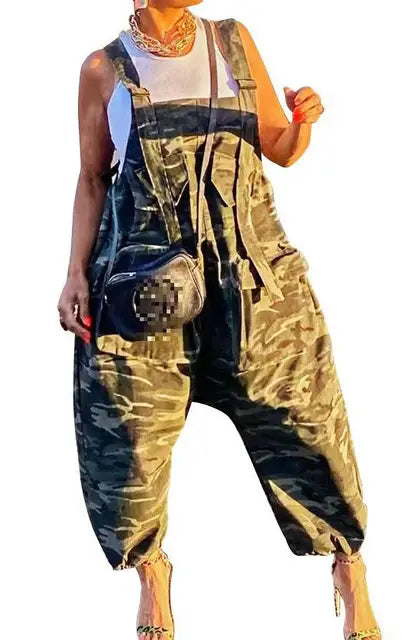 Combinaison longue ample pour femmes, nouvelle combinaison printemps-été sans manches dos nu imprimé camouflage