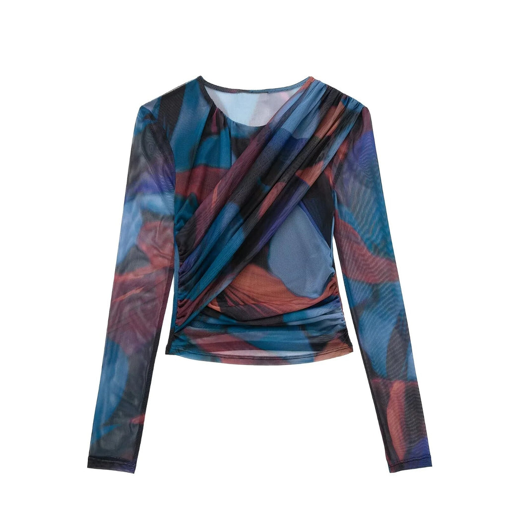 Ensembles 2 pièces pour femme - Blouse en soie et résille imprimée + jupe mi-longue plissée taille haute - Tenues pour femme