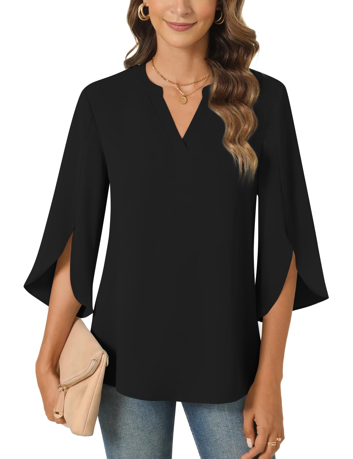 Plus Size : Anyally Womens Chiffon Blouses 3/4 Sleeve Summer Dressy Tunic Tops Casual Loose V Neck Plus Size T-Shirts 3XL Black