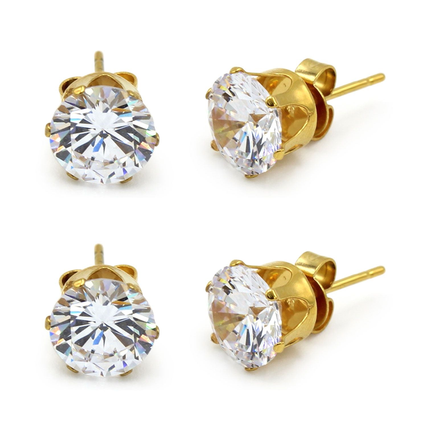 Lot de 2 paires de boucles d'oreilles clous rondes en oxyde de zirconium et acier inoxydable plaqué or 14 carats pour hommes et femmes