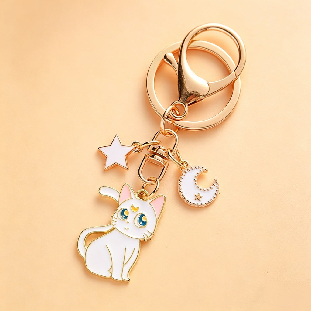Cute Cat Keychain Cartoon Silly Moon Cat Star Metal Lobster Clasp Bag Charm