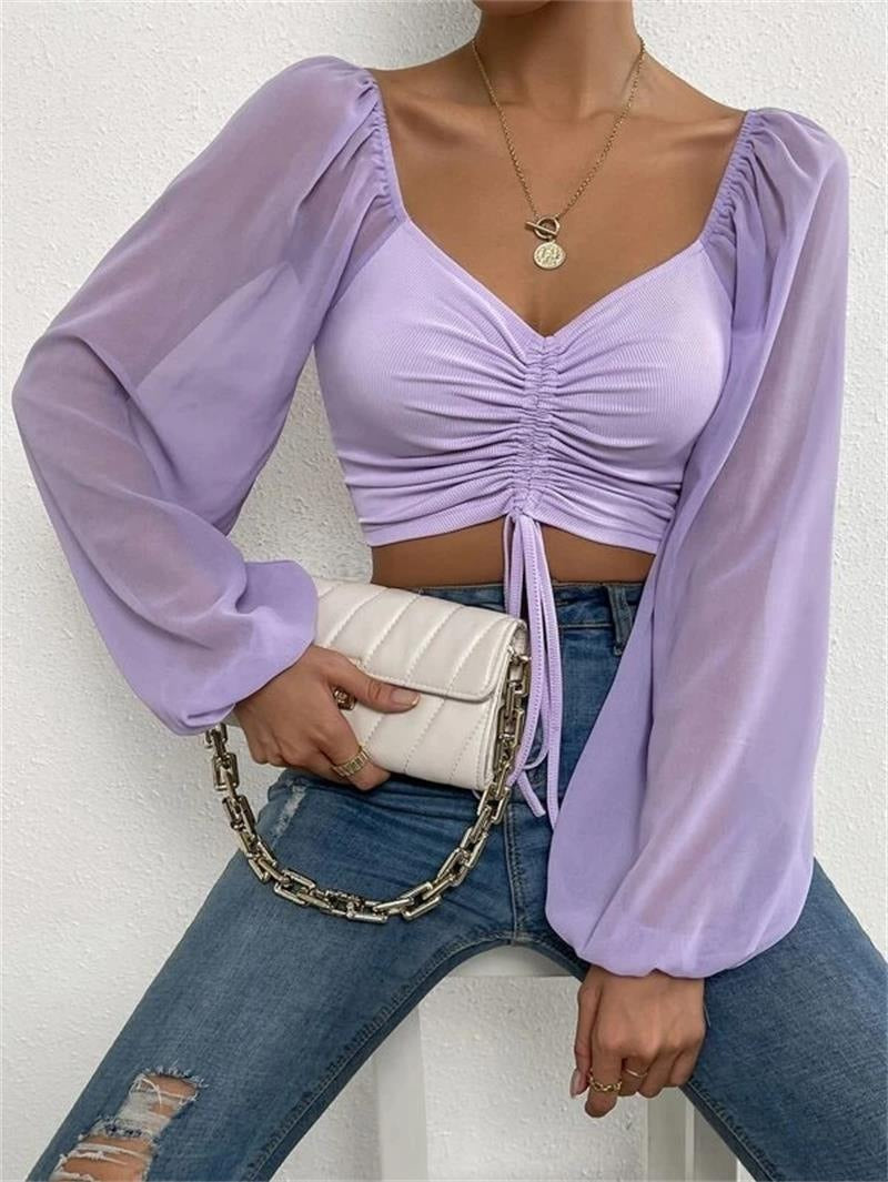 Nouveau haut pour femme en mousseline de soie à rayures, patchwork, cordon de serrage, manches lanternes, ajusté et tendance