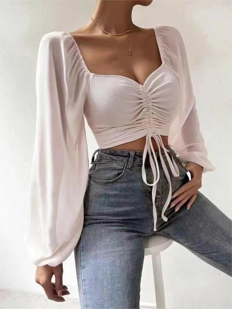 Nouveau haut pour femme en mousseline de soie à rayures, patchwork, cordon de serrage, manches lanternes, ajusté et tendance