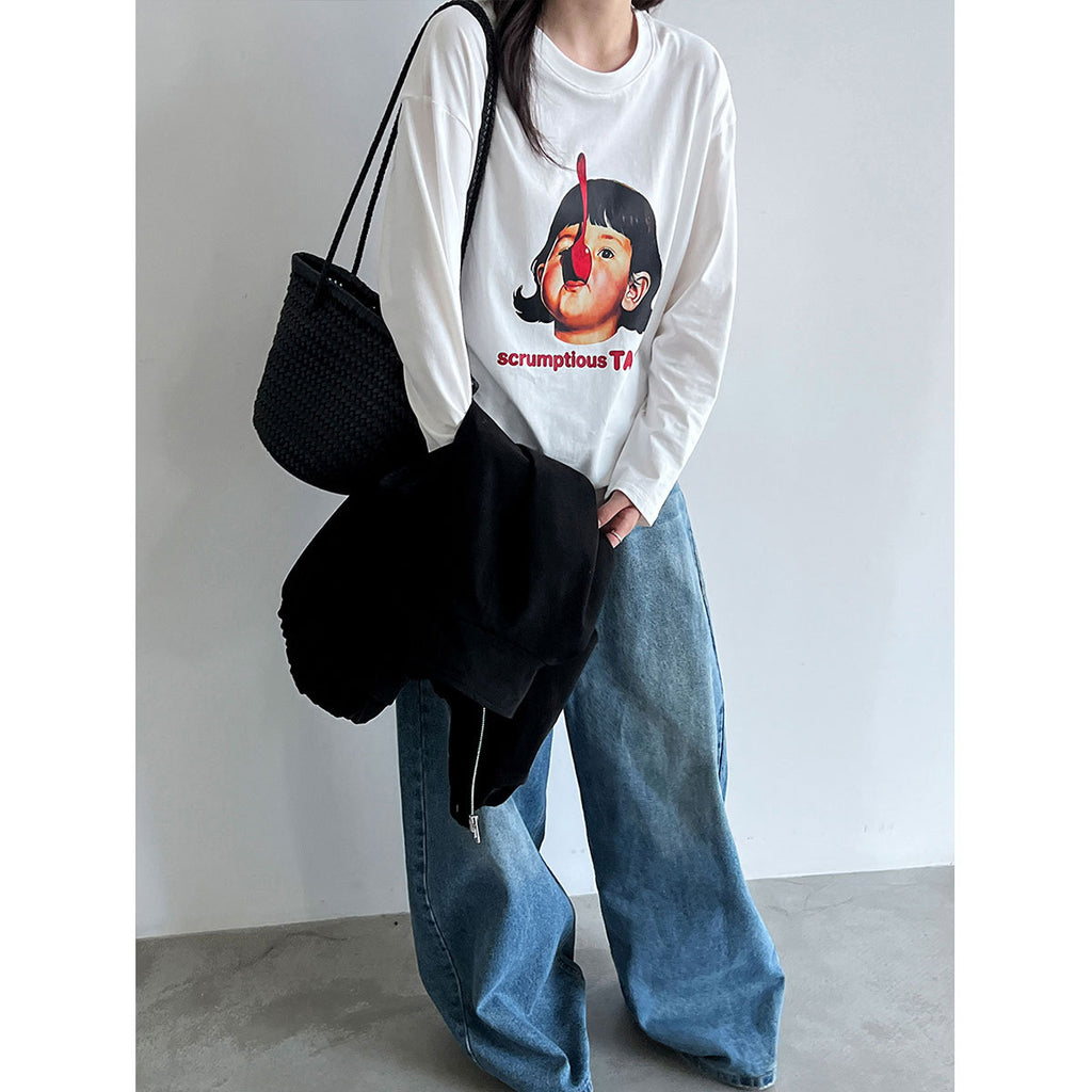Deer West  Round Neck Printed Loose T-shirt for Women Autumn New Long Sleeve Casual Top