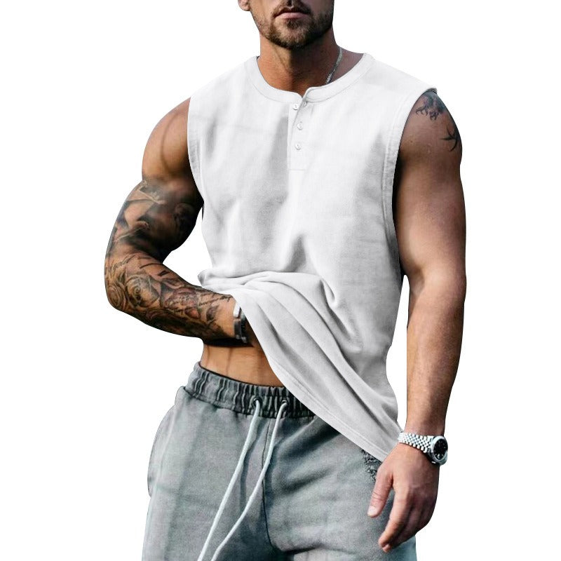 Débardeur de basket-ball de sport d'été pour homme, col rond, boutonné, sans manches, T-shirt pour homme, coupe droite