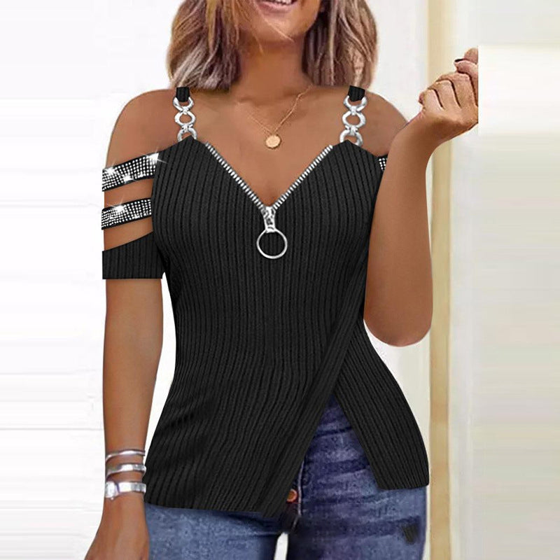 T-shirt zippé à col en V pour femmes avec motif d'ancre de bateau et chaîne en métal, style européen et américain