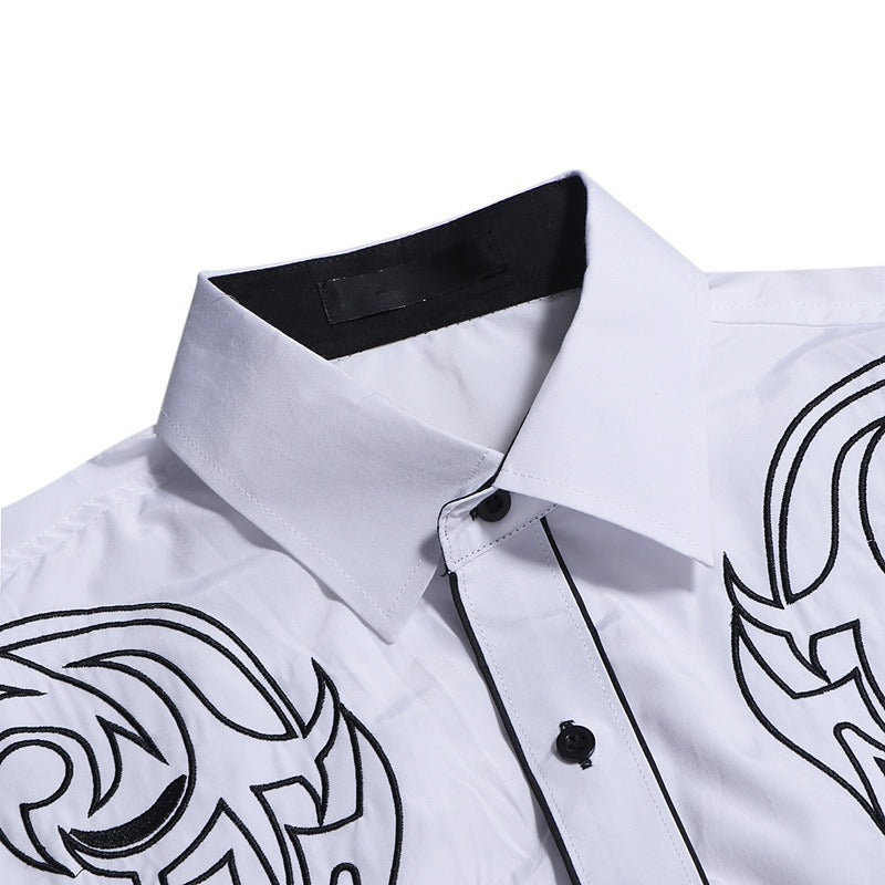 Nouvelle chemise brodée à motif totem classique pour homme, chemise décontractée ajustée à manches longues avec empiècements de couleur pour homme