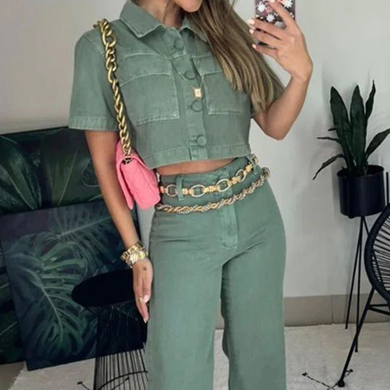 Ensemble de vêtements pour femmes européennes et américaines, ensemble de mode, haut sans manches à revers, pantalon ample, couleur unie