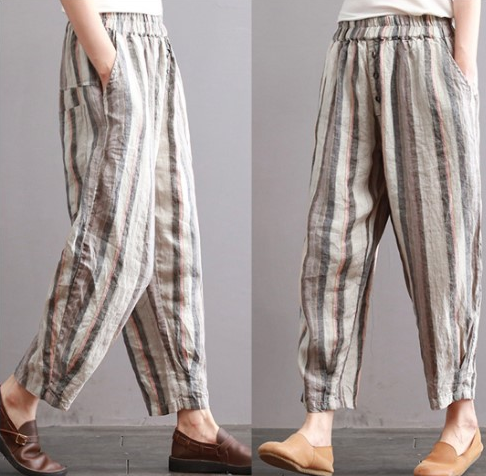 Harem Linen Pants with Artistic Stripes, Vintage Cotton