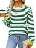 ANRABESS Long Sleeve Shirts for Women Striped Crewneck Loose Fit Tunic Tops 2024 Fall Color Block T-Shirt Green S