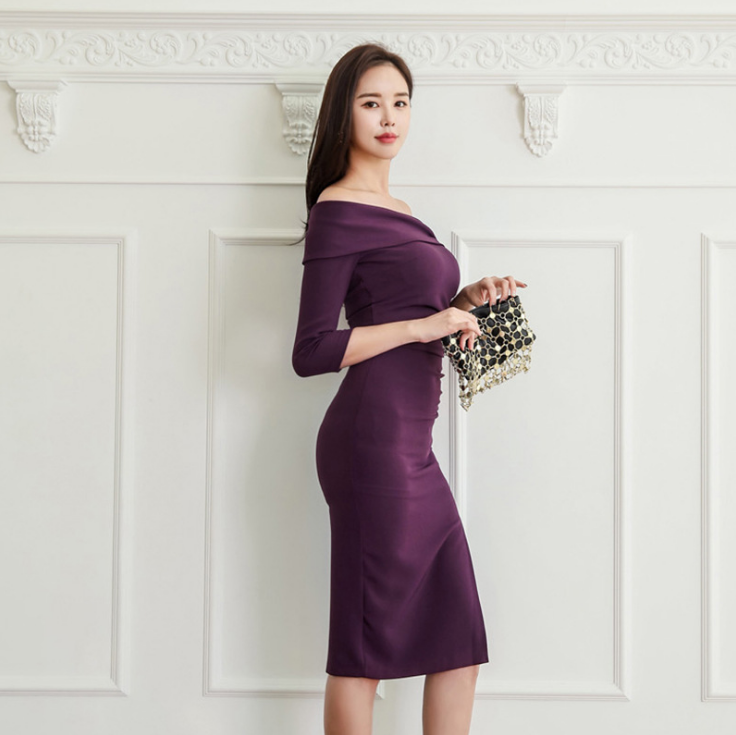 One-Shoulder Pleated Bodycon Dress with Slit