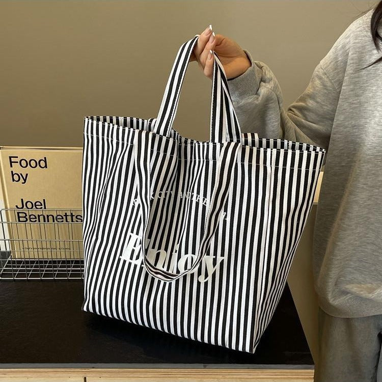 Sac fourre-tout en toile à rayures colorées pour femmes, grande capacité, sac à bandoulière décontracté, design simple