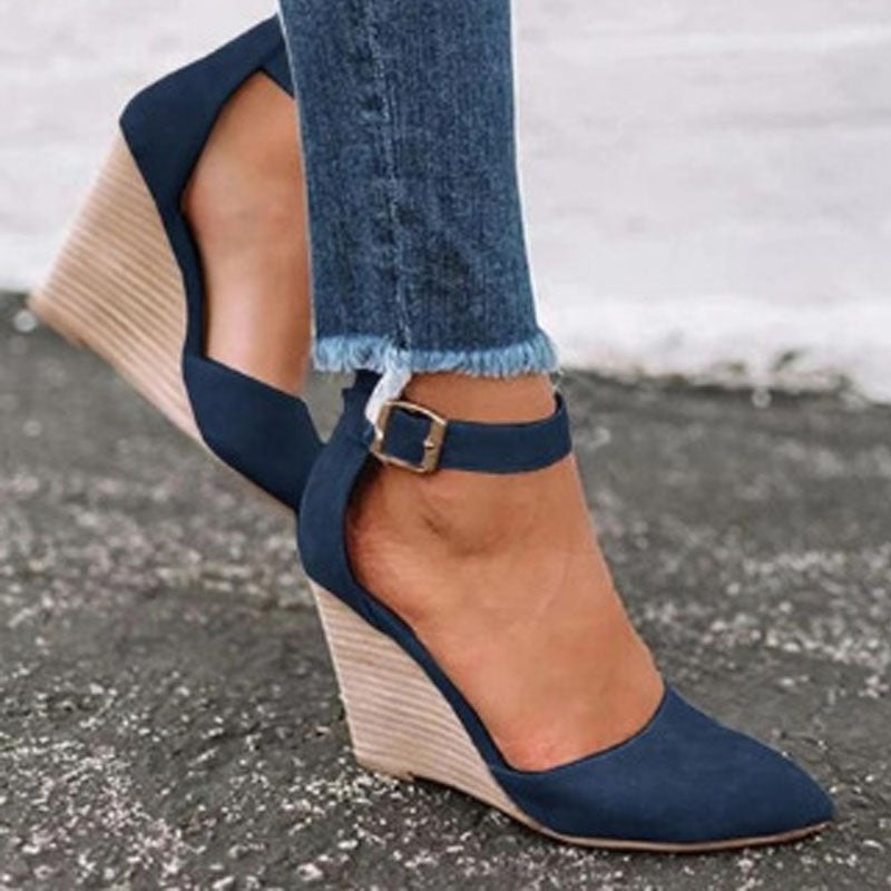 Ladies' Wedge Heel Pointed Toe Shoes with Belt Buckle