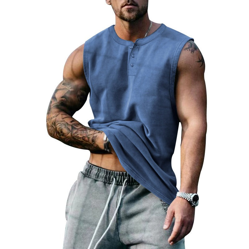 Débardeur de basket-ball de sport d'été pour homme, col rond, boutonné, sans manches, T-shirt pour homme, coupe droite
