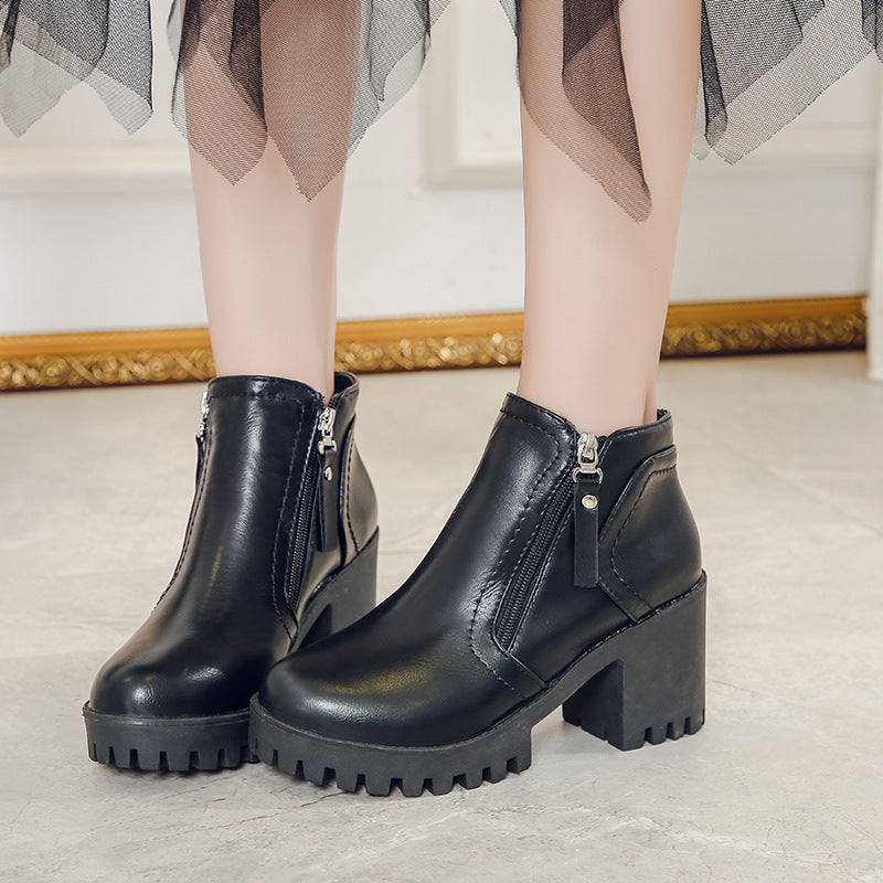 Chunky Heel Round Toe Side Zip Ankle Boots