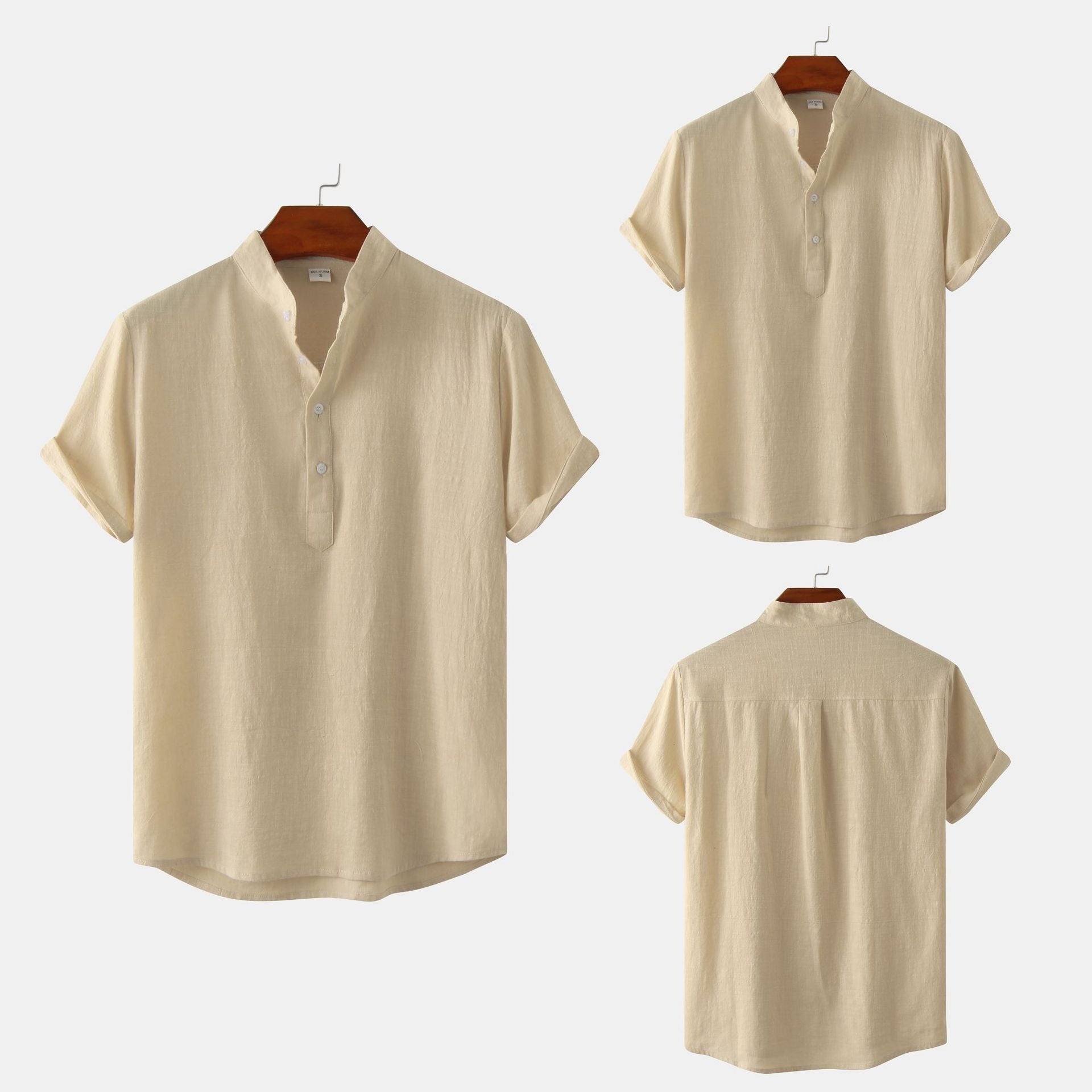 Chemise décontractée à col montant et manches courtes en coton et lin pour homme, T-shirt de plage, Vêtements pour hommes