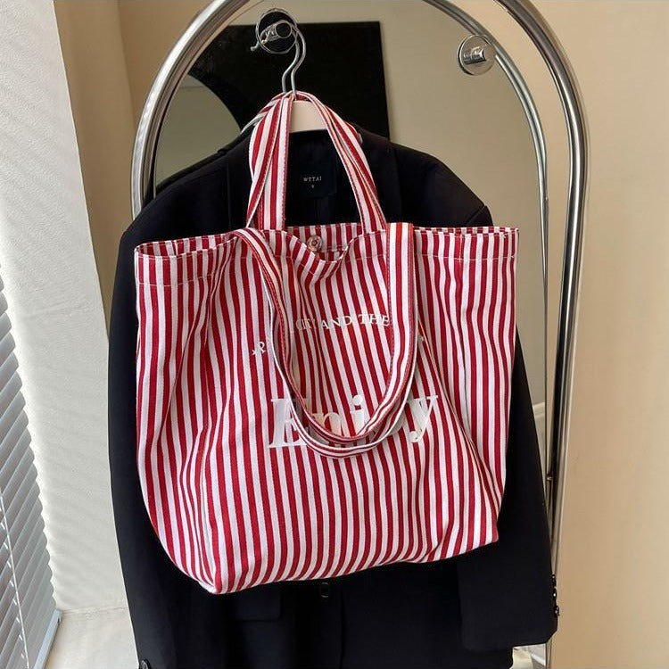 Sac fourre-tout en toile à rayures colorées pour femmes, grande capacité, sac à bandoulière décontracté, design simple