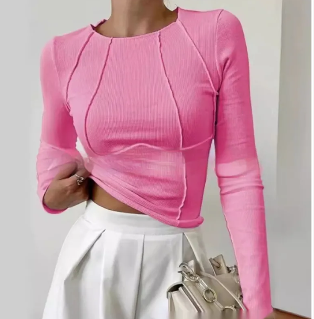 Haut en maille à col montant, fendu et tricoté pour femme, à manches longues et de couleur unie
