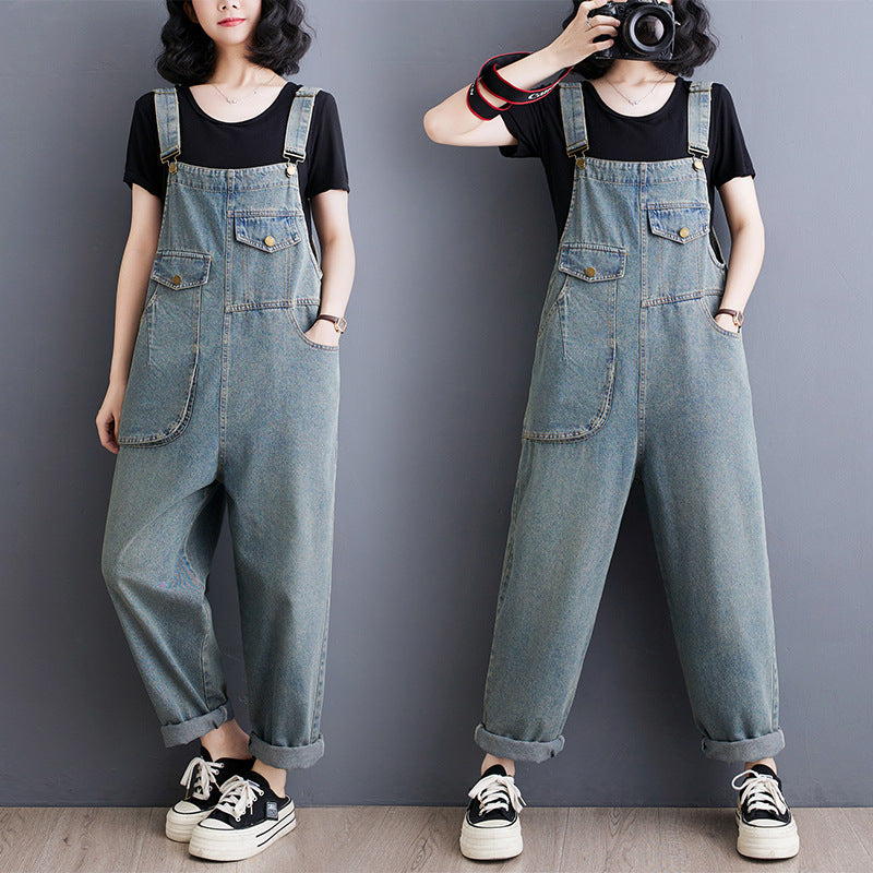 Salopette Jeans Vintage Printemps-Été Femme Ample Jambes Larges Combinaison Rétro en Jean Longue Femme avec Poches Avant