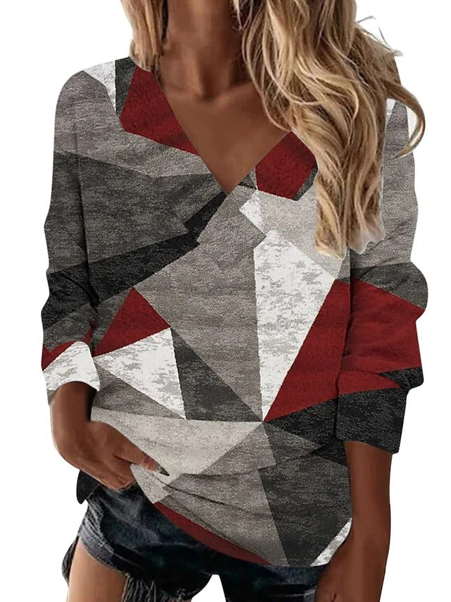 European and American Womens Retro Geometric Printing Ethnic Style V Neck Long Sleeved Loose T Shirt Top For Women