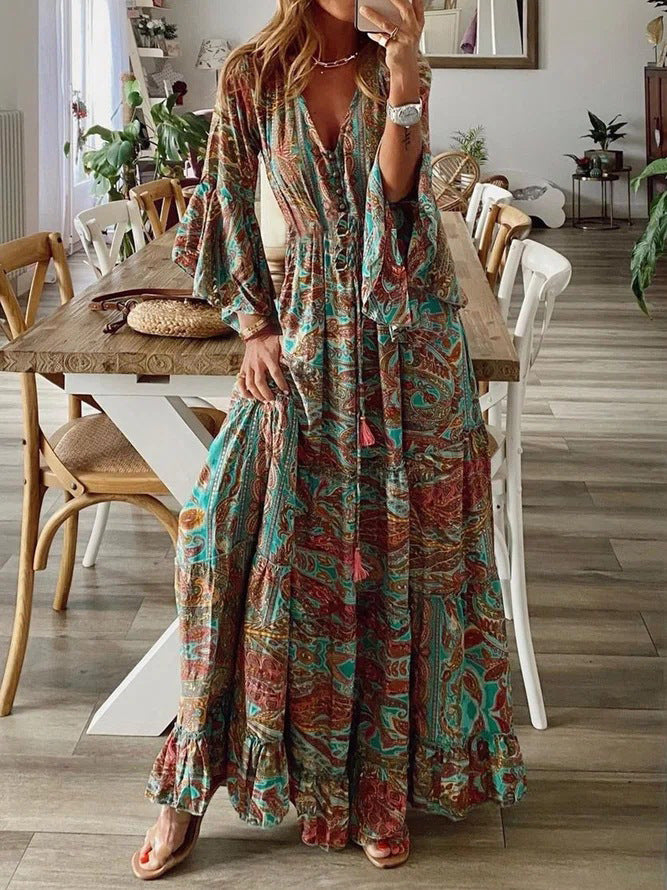 2023 Bohemian Floral Print Maxi Dress with V-Neck