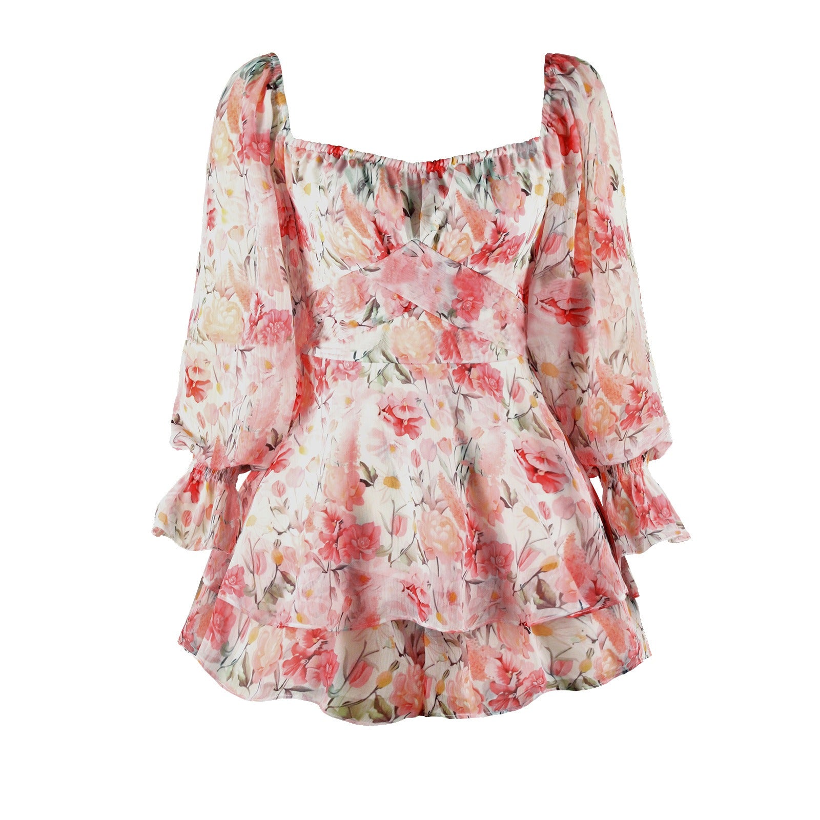Nouvelle Combinaison Short à Fermeture Éclair et Bretelles à Manches Longues Imprimé Floral Numérique pour Femme, Style Européen et Américain