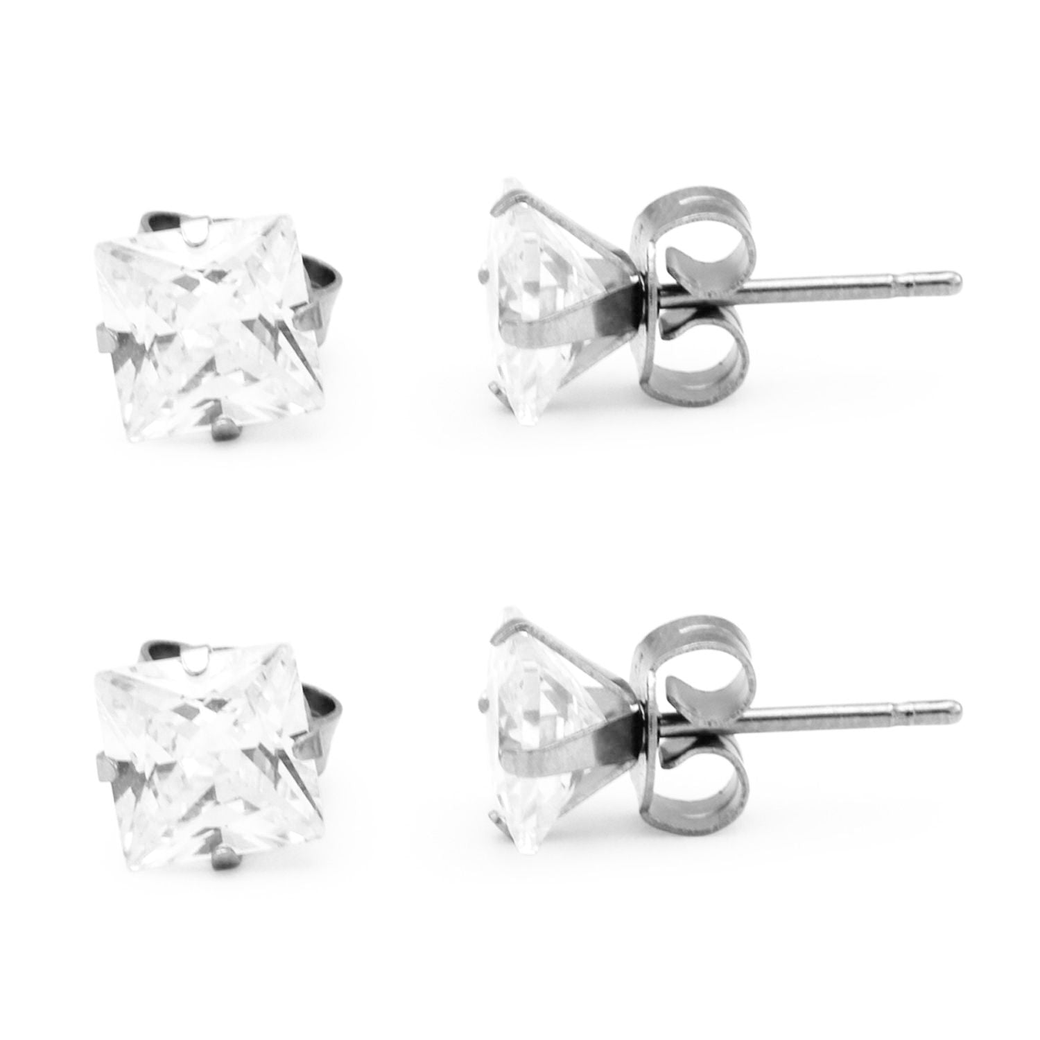 Boucles d'oreilles clous carrées en oxyde de zirconium argenté (lot de 2) en acier inoxydable pour hommes et femmes
