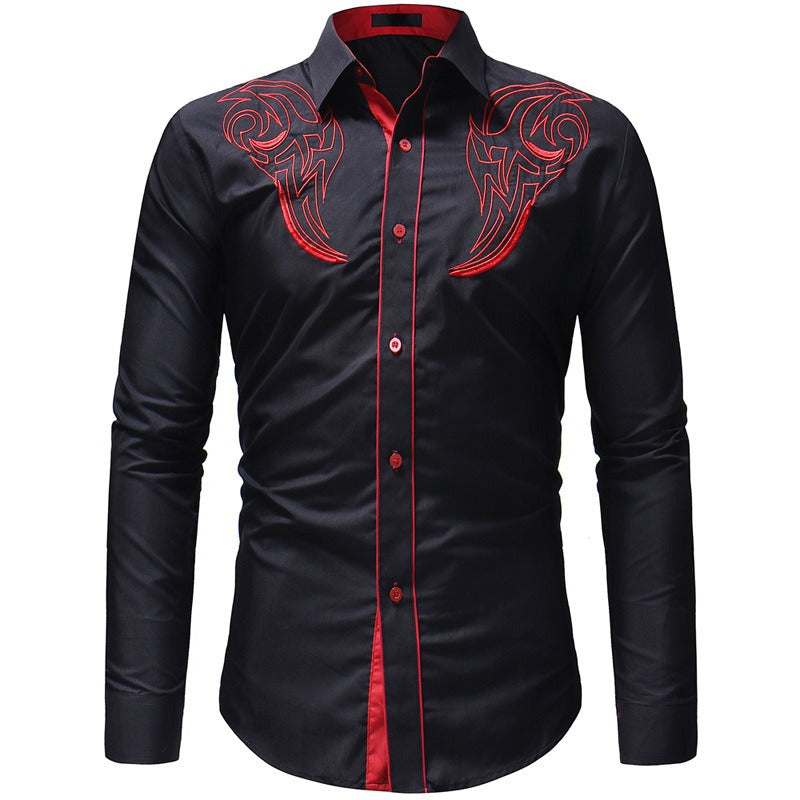 Nouvelle chemise brodée à motif totem classique pour homme, chemise décontractée ajustée à manches longues avec empiècements de couleur pour homme