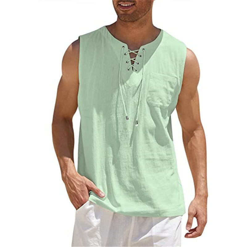 Nouveau débardeur pour homme, chemise en dentelle, mode unie en coton et chanvre, t-shirt à manches courtes