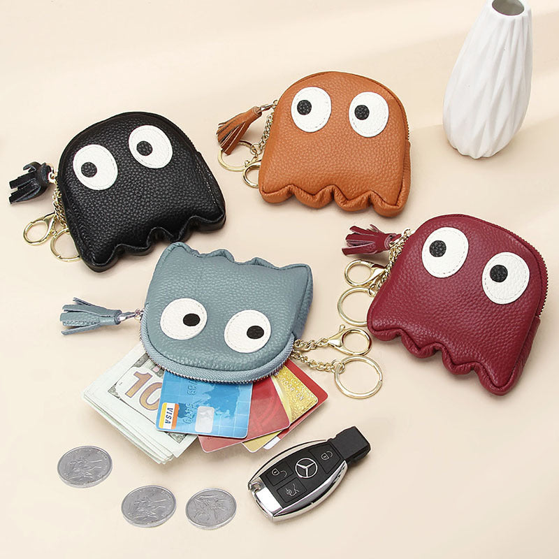 Mini porte-monnaie créatif en cuir avec fermeture éclair et motif dessin animé, porte-clés Ins mignon, étui rigide en cuir véritable pour femmes