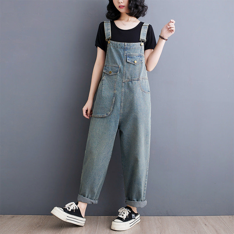 Salopette Jeans Vintage Printemps-Été Femme Ample Jambes Larges Combinaison Rétro en Jean Longue Femme avec Poches Avant