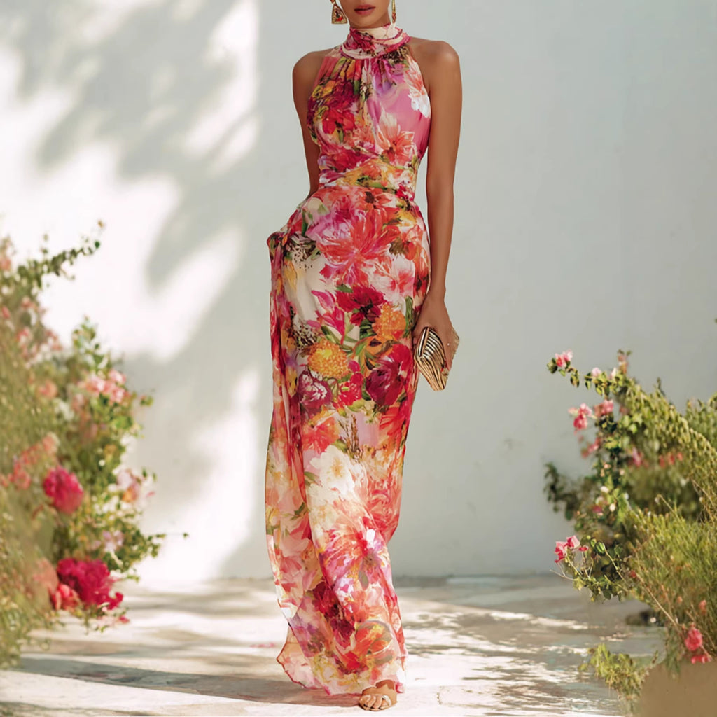 Robe cintrée en mousseline de soie, sans bretelles ni manches, à motif floral élégant