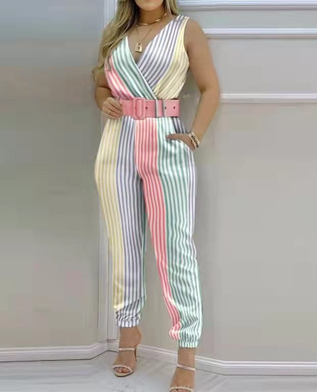 Nouvelle combinaison pantalon imprimée pour femmes européennes et américaines avec ceinture