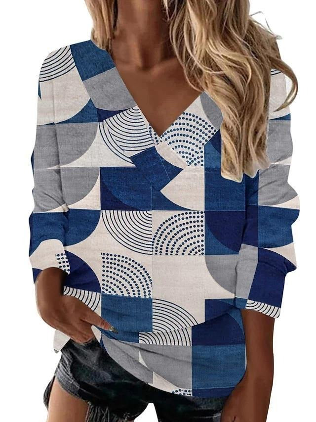 European and American Womens Retro Geometric Printing Ethnic Style V Neck Long Sleeved Loose T Shirt Top For Women