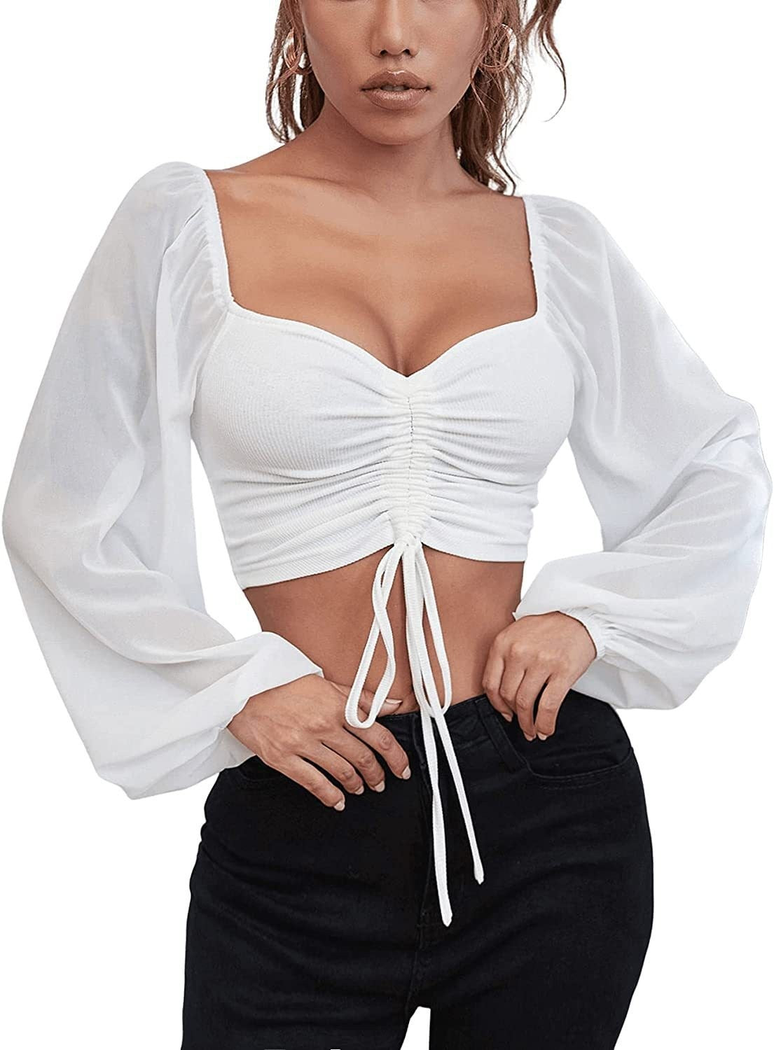 Nouveau haut pour femme en mousseline de soie à rayures, patchwork, cordon de serrage, manches lanternes, ajusté et tendance