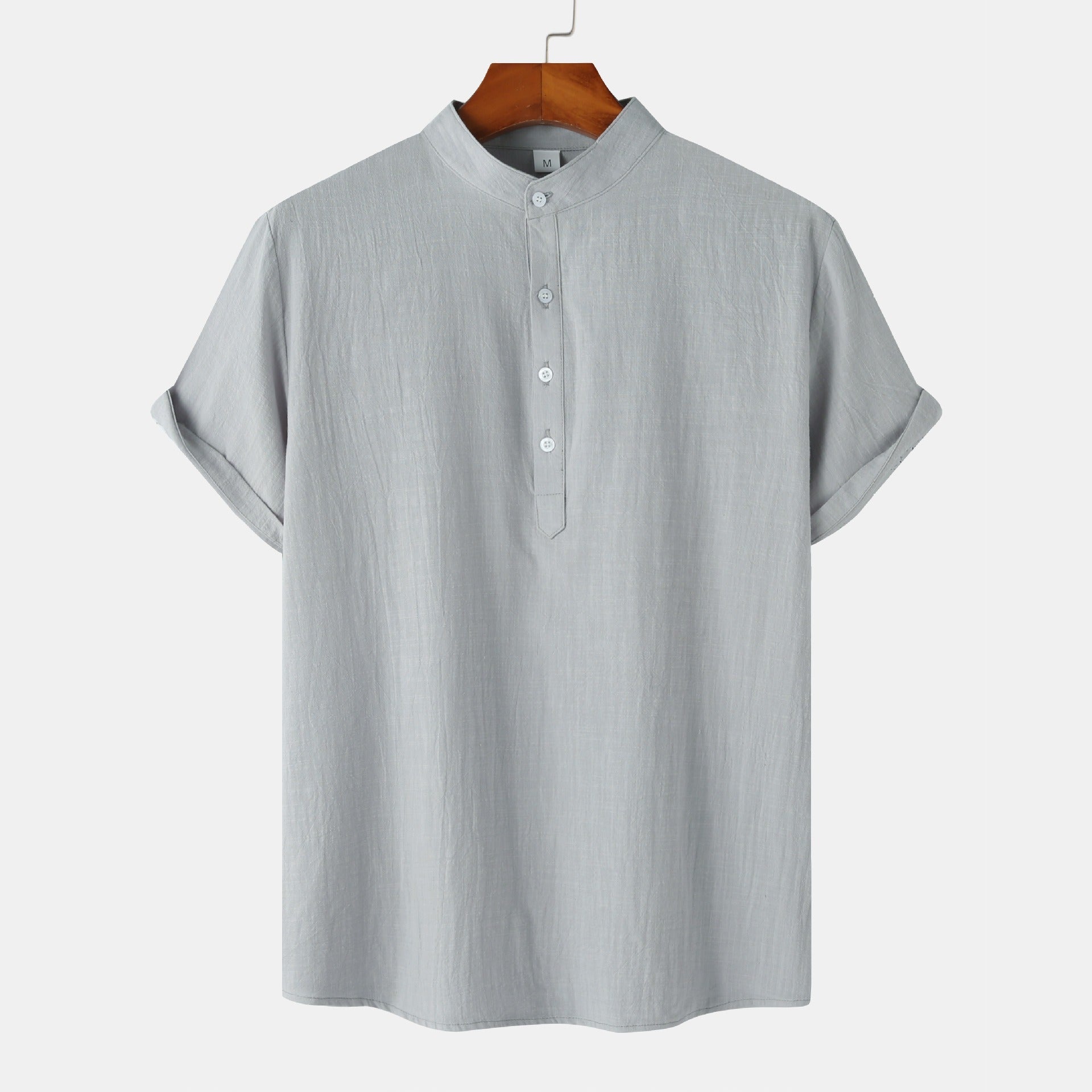 Chemise décontractée à col montant et manches courtes en coton et lin pour homme, T-shirt de plage, Vêtements pour hommes