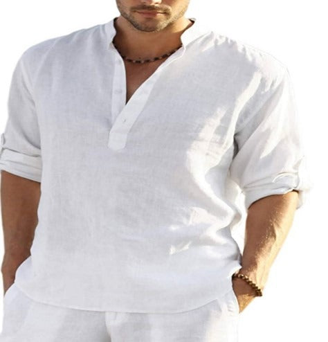 T-shirt en lin pour homme, manches longues, coupe ample, couleur unie, coton et lin, grande taille