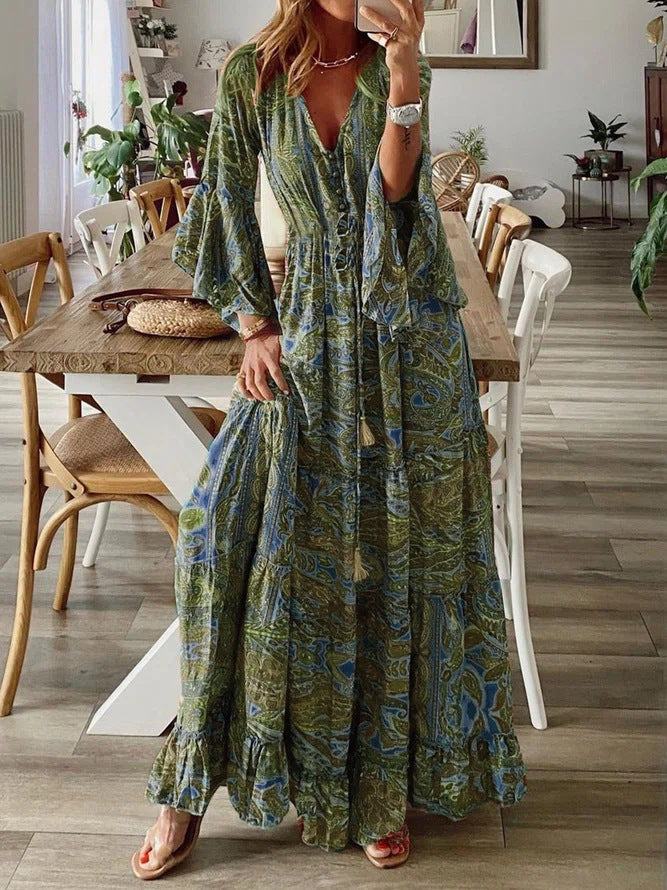 2023 Bohemian Floral Print Maxi Dress with V-Neck