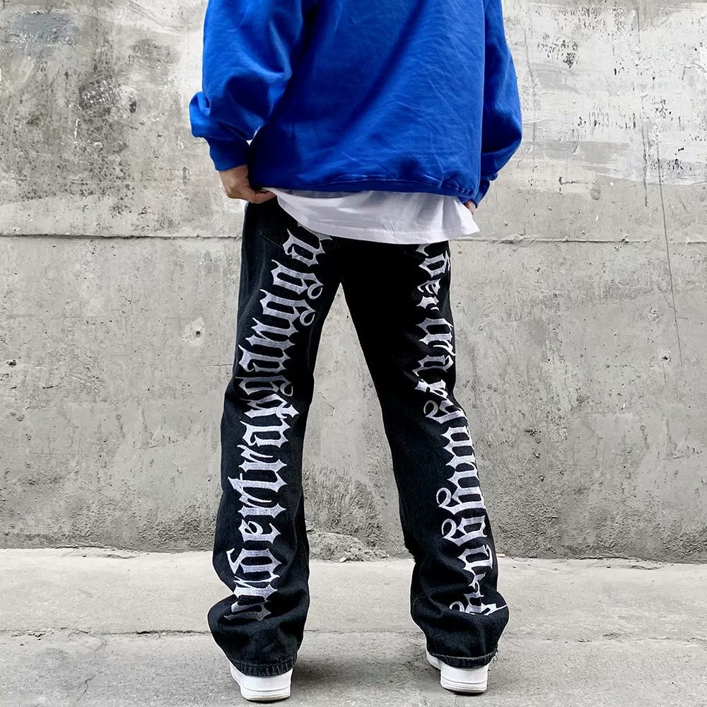Gothic Embroidered Micro Flare Men's Jeans (Hip-Hop Style)