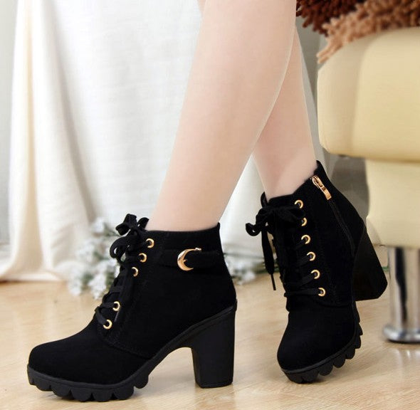 Solid Color Women's Leather Lace-Up Martin Boots