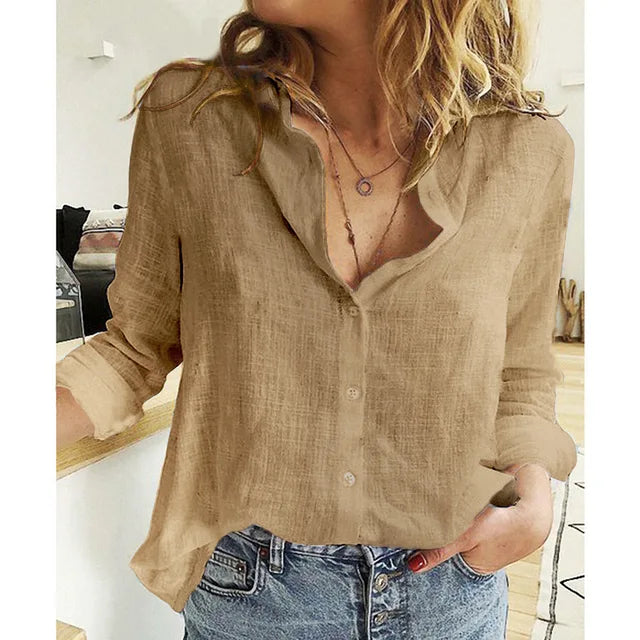 Chemisier décontracté en coton et lin pour femme, haut à revers et boutons, manches longues, coupe ample, grande taille, pour le printemps