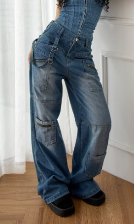 Multi-Pocket Loose High Waist Wide Leg Jeans