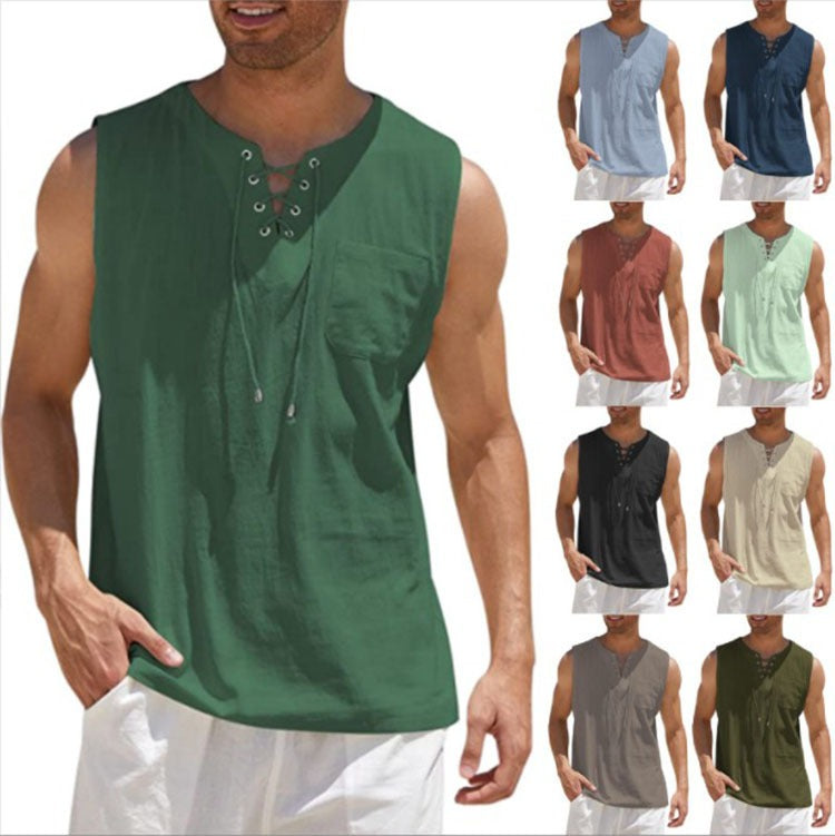 Nouveau débardeur pour homme, chemise en dentelle, mode unie en coton et chanvre, t-shirt à manches courtes
