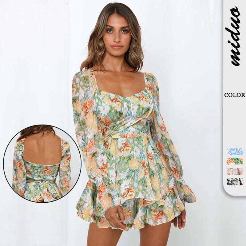 Nouvelle Combinaison Short à Fermeture Éclair et Bretelles à Manches Longues Imprimé Floral Numérique pour Femme, Style Européen et Américain