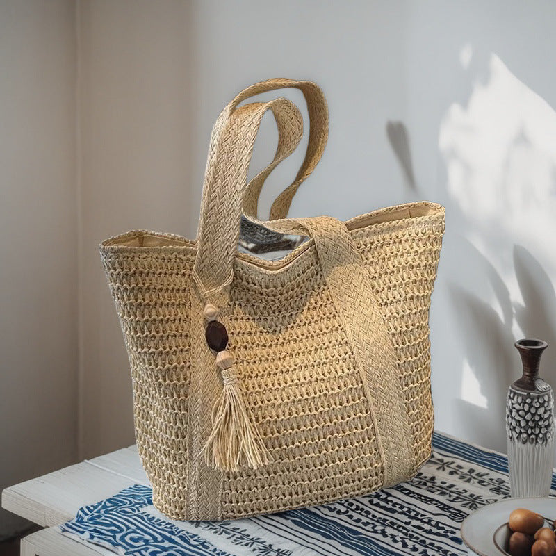 Grand sac de plage tressé en paille pour les trajets quotidiens, sac à bandoulière de style vacances